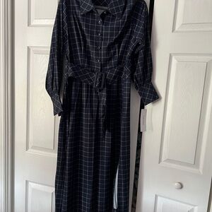 Calvin Klein Navy Checkered Long Sleeve Dress